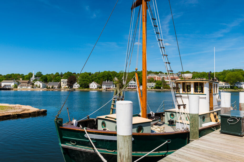 Photo of a ship in the harbor in Mystic, Connecticut